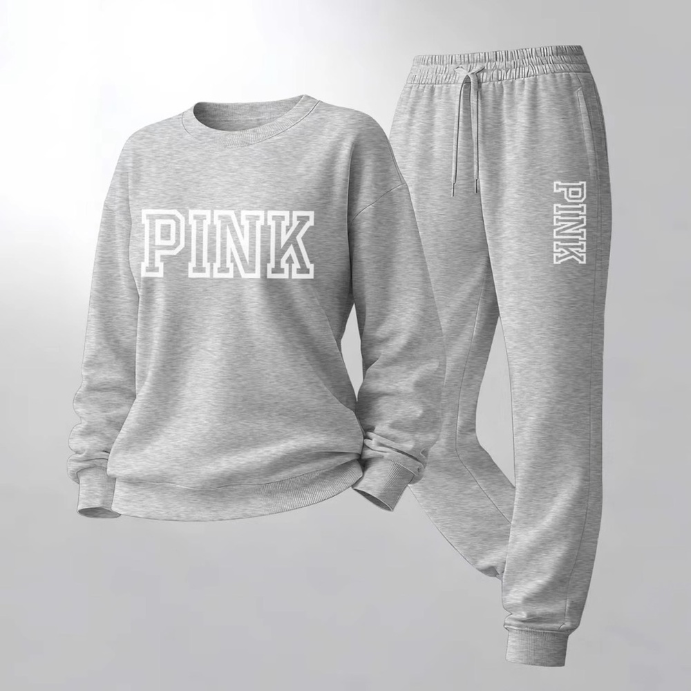 Women’s Pink Letters Print Crewneck Sweatshirt and Drawstring Pants Lt Grey L - Picture 2 of 14